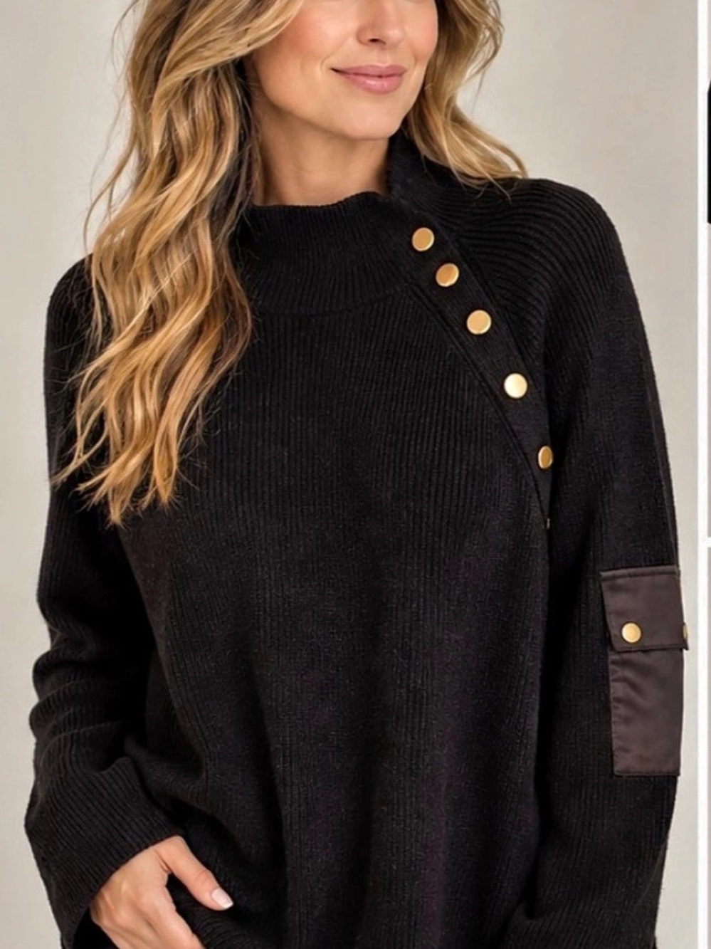 27” ptp Laura Plus Black Ribbed Knit Sweater with Gold Button Detail Black 2X